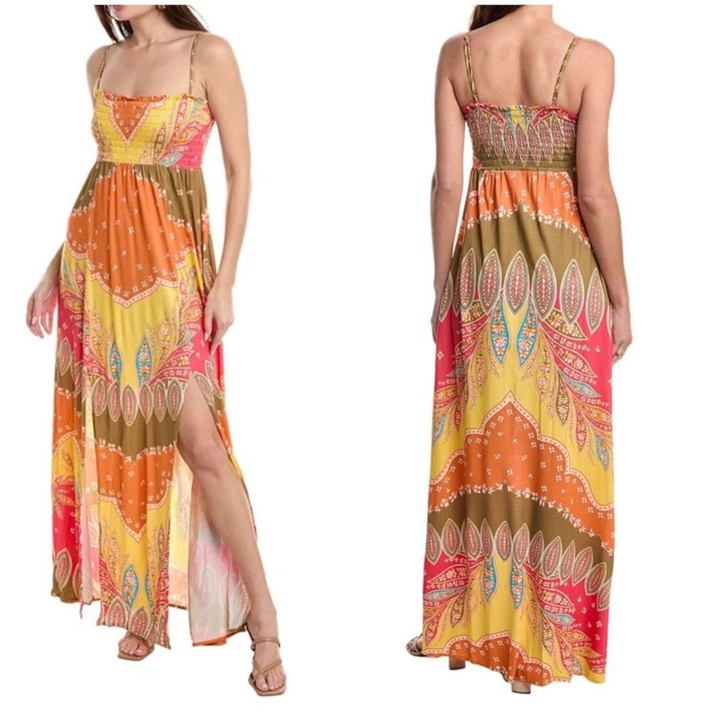 Agua Bendita Colorful Maxi Dress in Pink, Yellow, and Brown